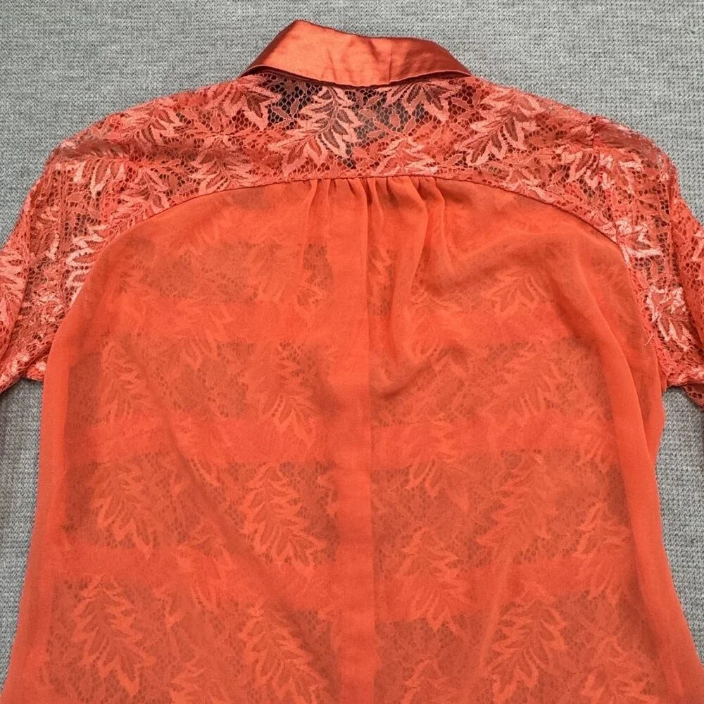 BKE Boutique Sheer Blouse Womens Sz Medium Stripe Lace Long Sleeve Coral Orange - Picture 6 of 15